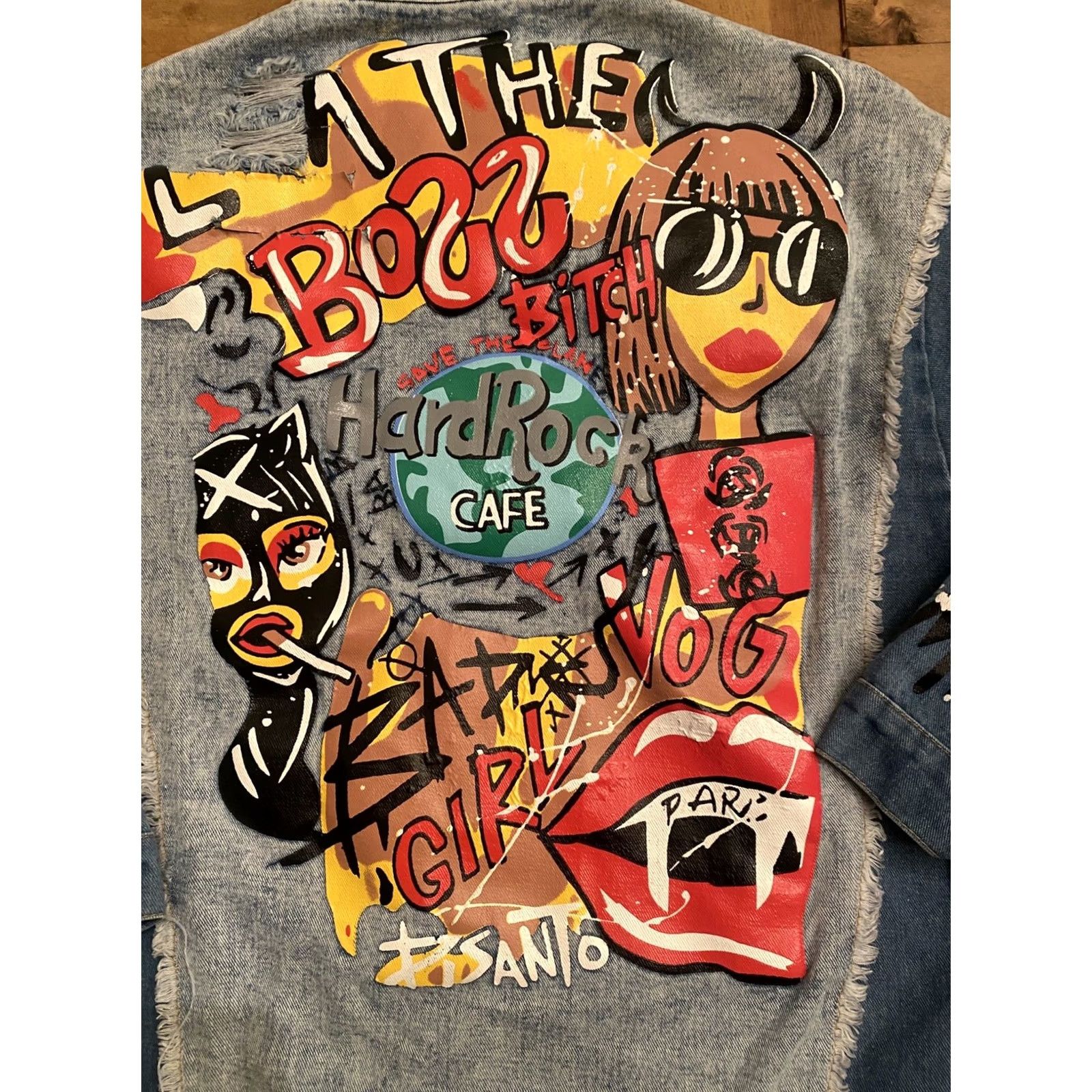 Denime VINTAGE Custom Hard Rock Cafe Bad Girl Vog Paris Catwoman Denim Jean Jacket L Blue Two Tone Women Mens? Size 36" / US 14 / IT 50 - 5 Thumbnail