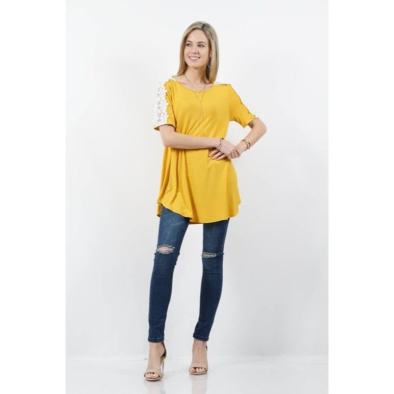 Other 42 Pops Mustard Yellow Tunic Top With White Floral Lace Slee Size M / US 6-8 / IT 42-44 - 1 Thumbnail