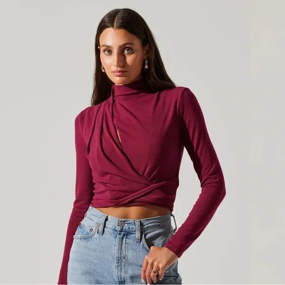 ASTR The Label ASTR Asymmetrical Pleated Cutout Mock Neck Sweater Top, Berr Size S / US 4 / IT 40 - 1 Thumbnail