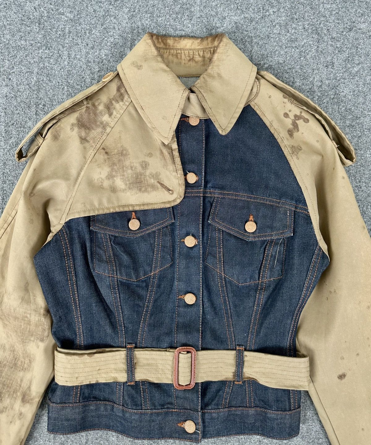 90-00’s JPG Homme Belted Hybrid Jacket Jean Paul Gaultier - 90's Hybrid Belted Trench/Denim Jacket