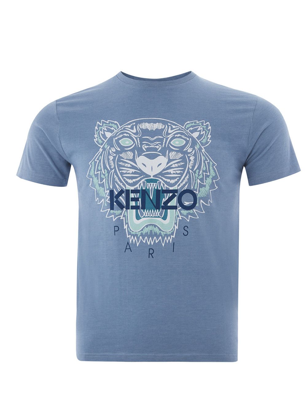 image of Kenzo Blue Cotton T-Shirt With Tiger Print Front Men's Logo (Size Small)