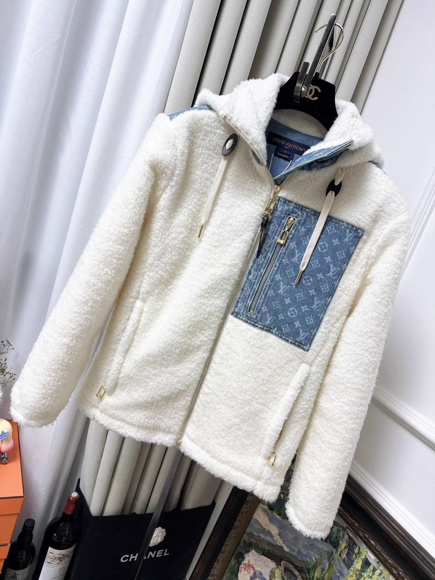 Louis Vuitton LV hooded jacket white teddy lamb wool denim blue logo Size XXS / US 00 / IT 34 - 1 Thumbnail