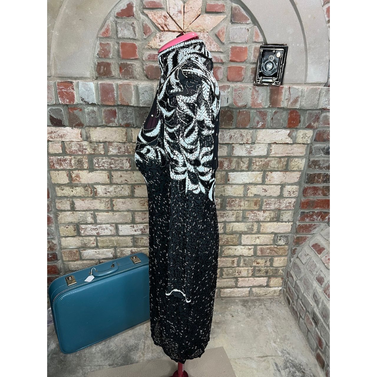 Vintage dress 100% silk beaded sheer bust high collar black white Size L / US 10 / IT 46 - 12 Thumbnail