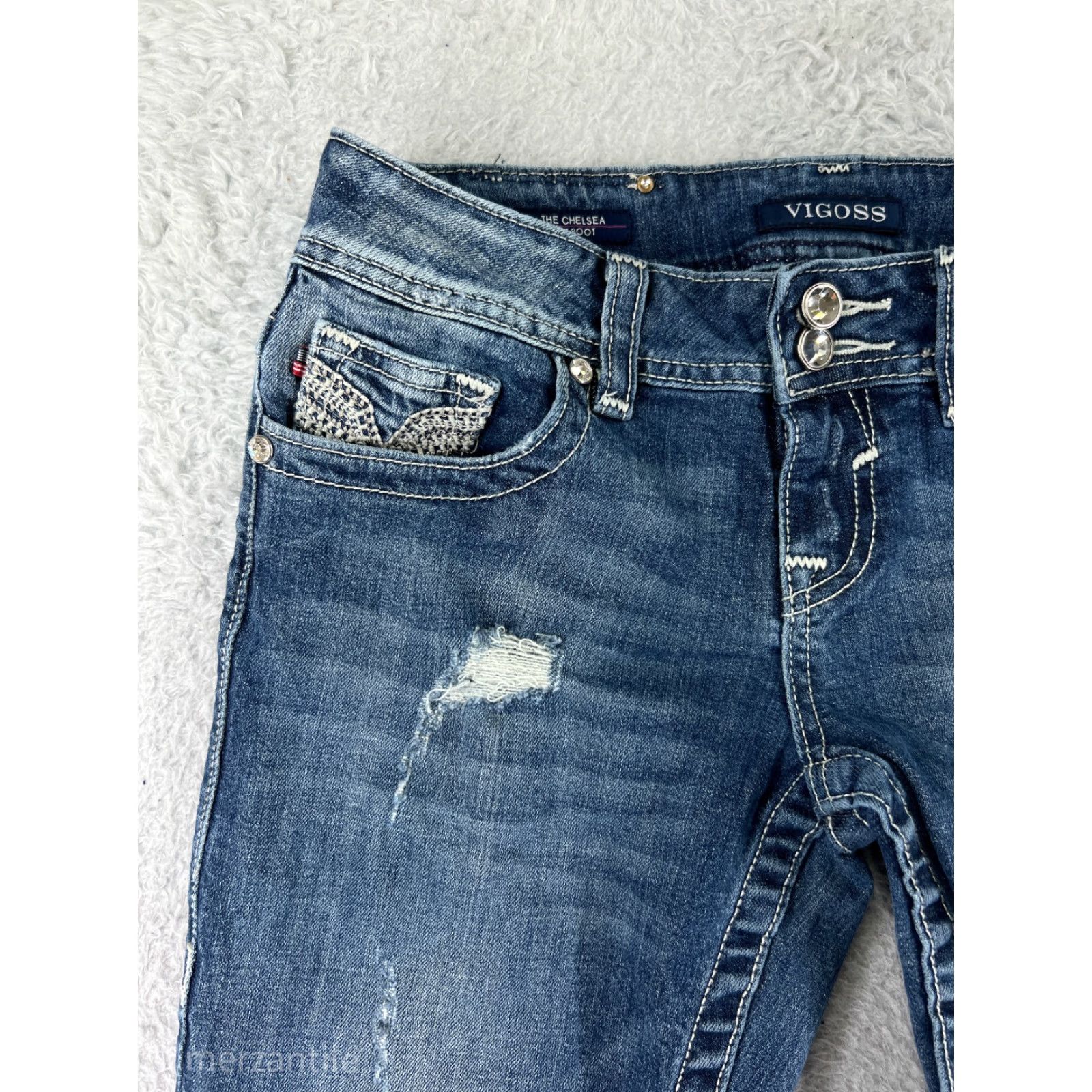 Vintage VIGOSS Womens Jeans Bootcut 4 Blue Denim Slim Distressed Embroidered Zip Fly Pant Size 27" / US 4 / IT 40 - 5 Thumbnail