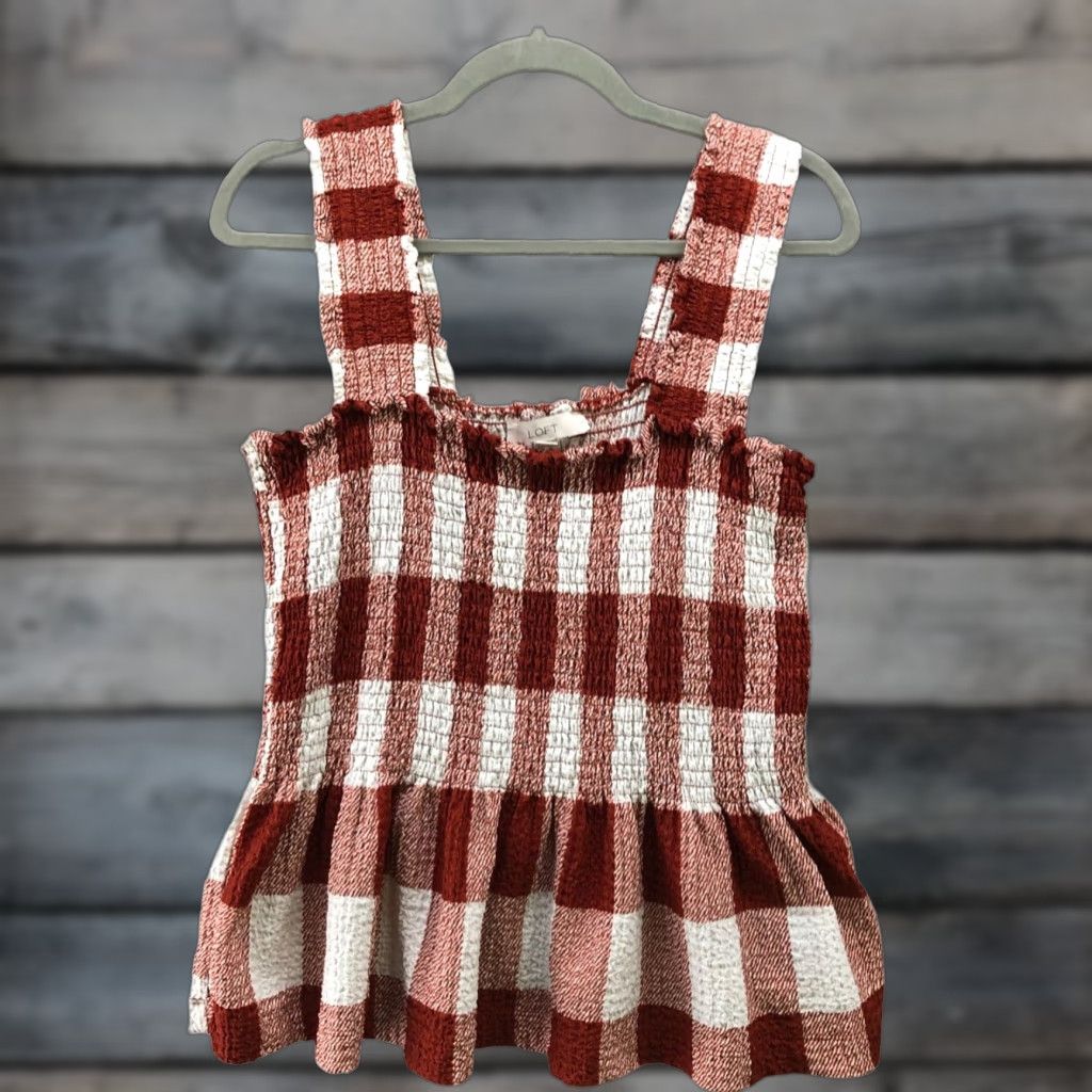 Loft Loft Smocked Cami Womens XL Peplum Rust Brown Plaid Stretch Camisole Tank Shirt Bohemian Casual Knit Polyester Size XL / US 12-14 / IT 48-50 - 1 Thumbnail