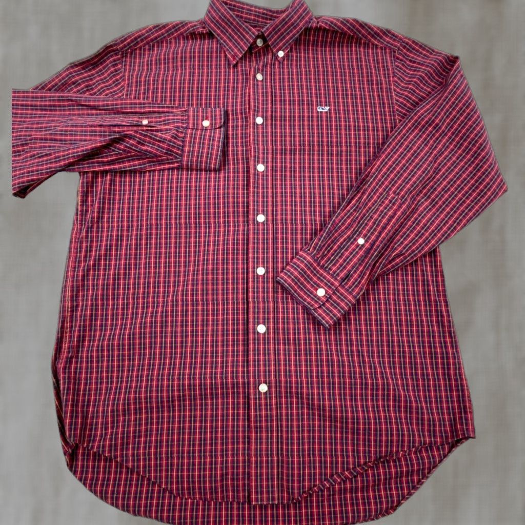 Vineyard Vines Vineyard Vines Shirt Men Medium Red Blue Button Up Plaid Whale Poplin Dress A17* Size 40R - 1 Thumbnail