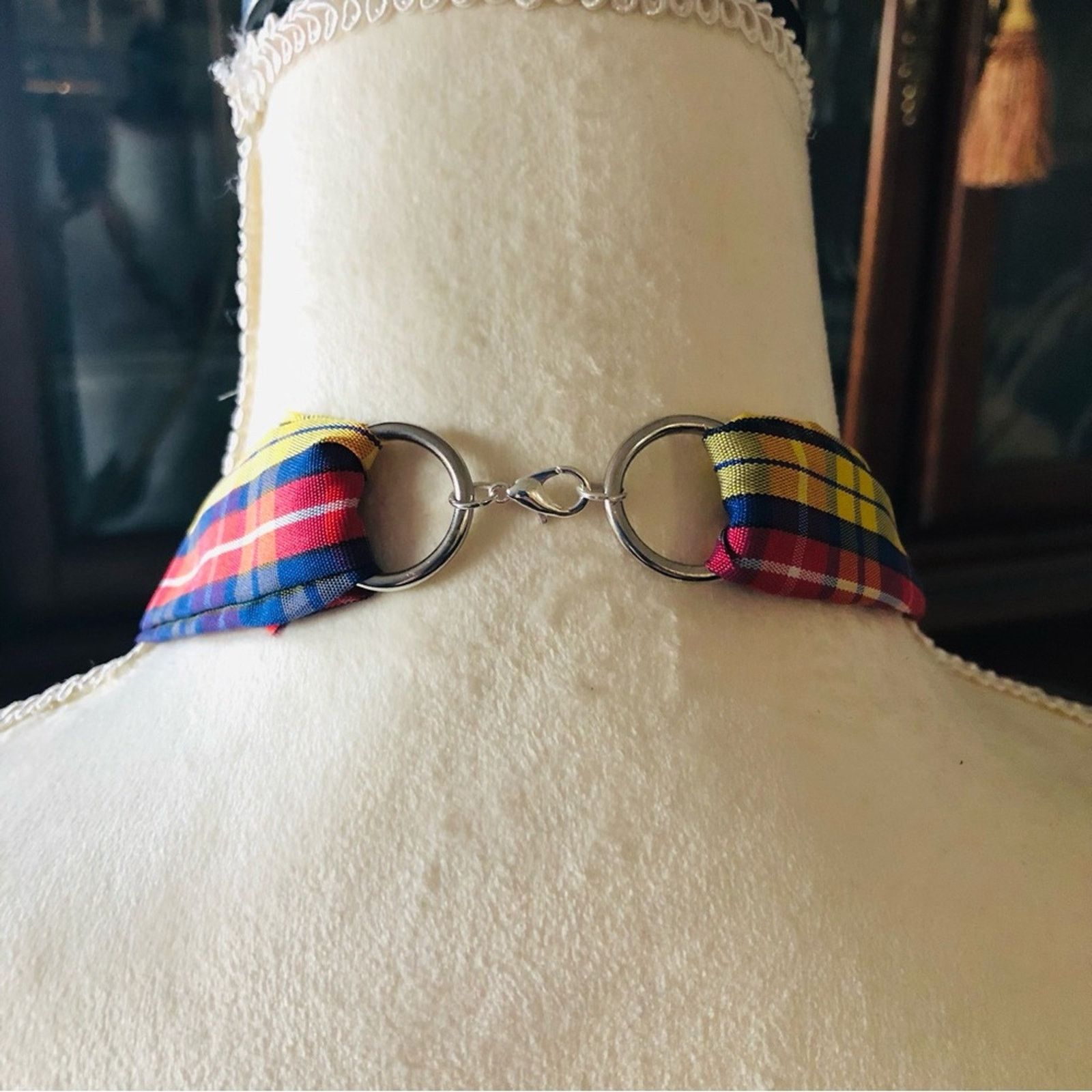 Handmade Country Girl red yellow & blue plaid fabric bead necklace Size ONE SIZE - 6 Thumbnail