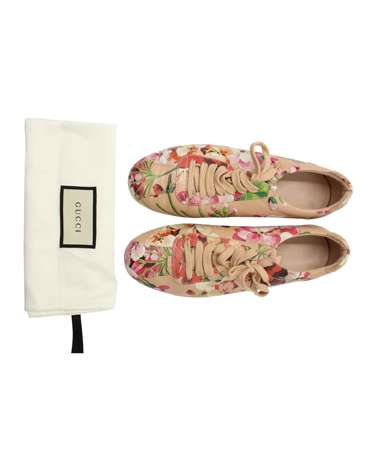 image of Gucci Floral Print Leather Low-Top Sneakers in Pink Print, Women's (Size 7.5)