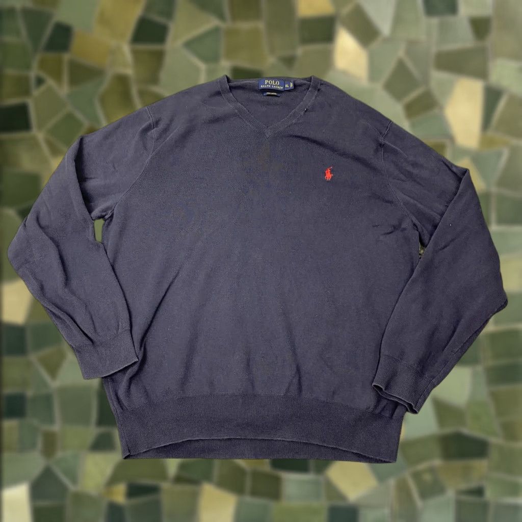 Polo Ralph Lauren POLO RALPH LAUREN Sweater Mens XL Navy V-Neck Pima Cotton Pullover Red Pony Size US XL / EU 56 / 4 - 1 Thumbnail