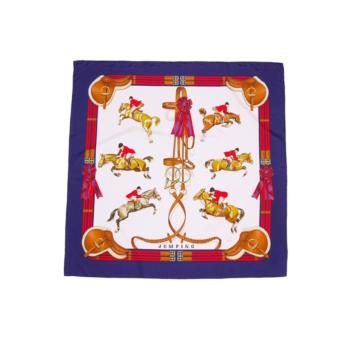 image of Hermes Carre 90 "jumping" Silk Scarf Shawl in Navy Red, Women's