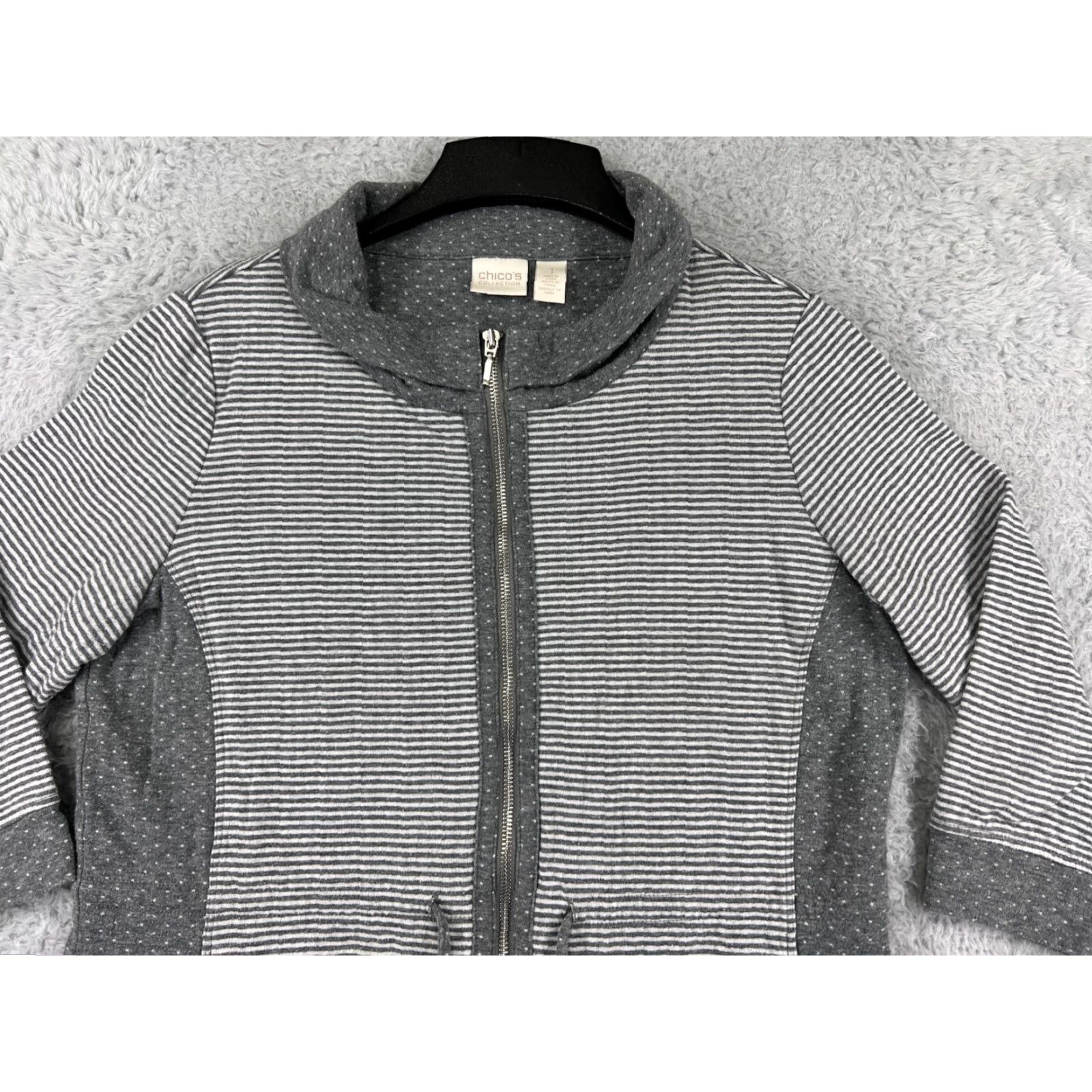 Lands' End Lands' End Chicos Jacket Women Gray Striped Full Zip Cowl Neck Pockets Drawstring Casual Size XS / US 0-2 / IT 36-38 - 5 Thumbnail