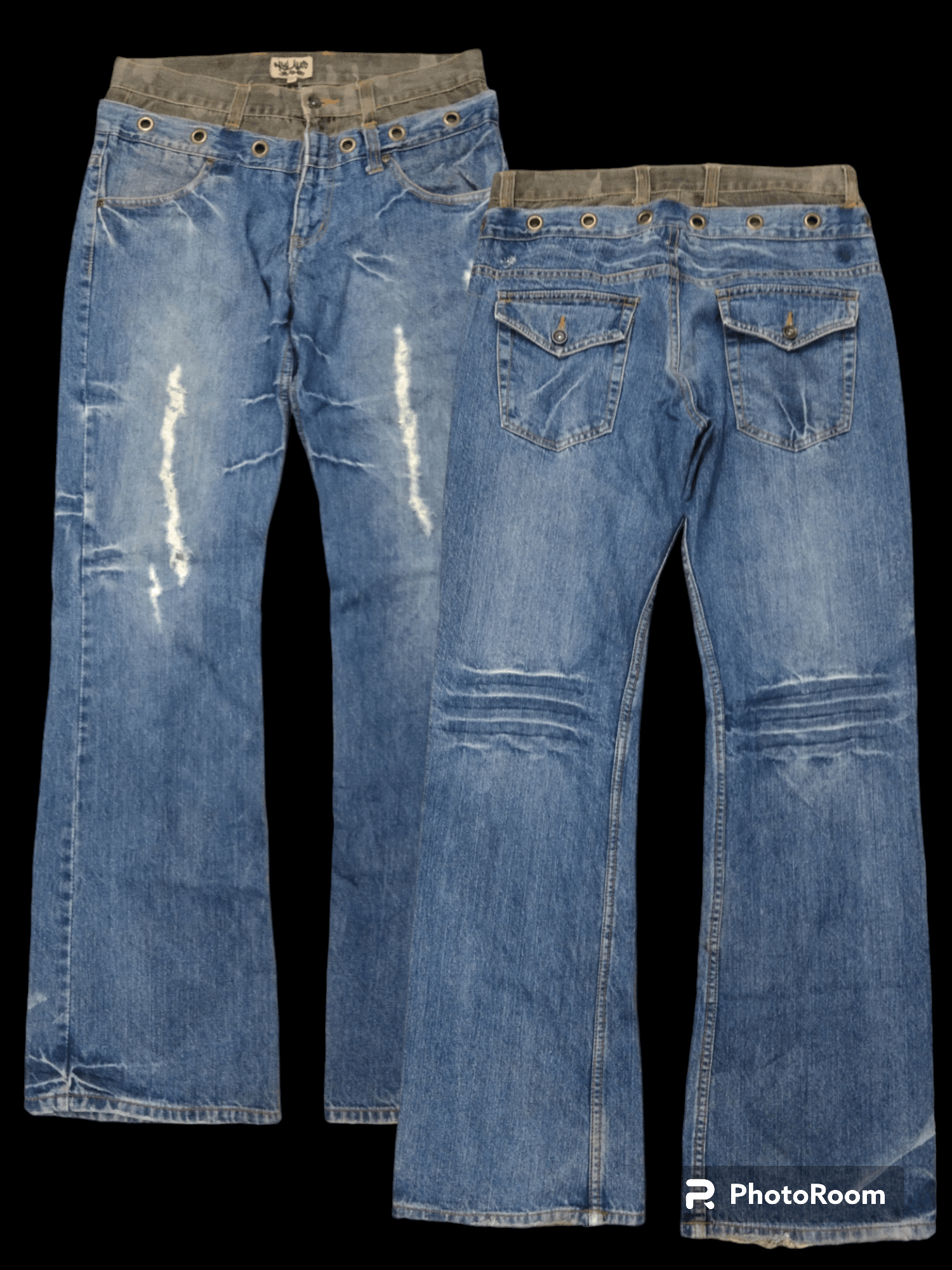 Japanese Brand FLARE SICK RIPED DOUBLE WAIST NYLAUS JEANS Size US 32 / EU 48 - 1 Thumbnail