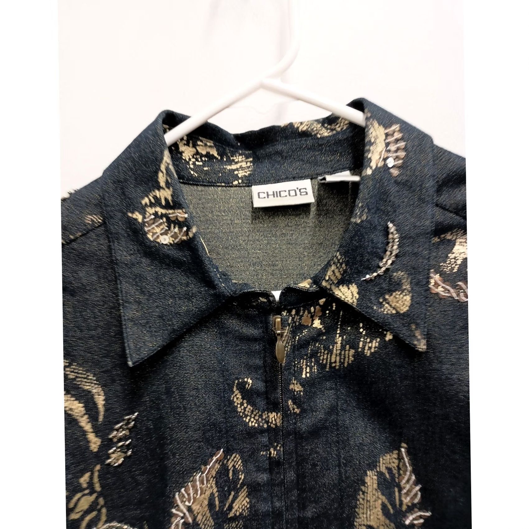 Vintage Chicos Jacket Womens Large Blue Denim Gold Floral Beaded BOHO Outdoor Size L / US 10 / IT 46 - 2 Thumbnail