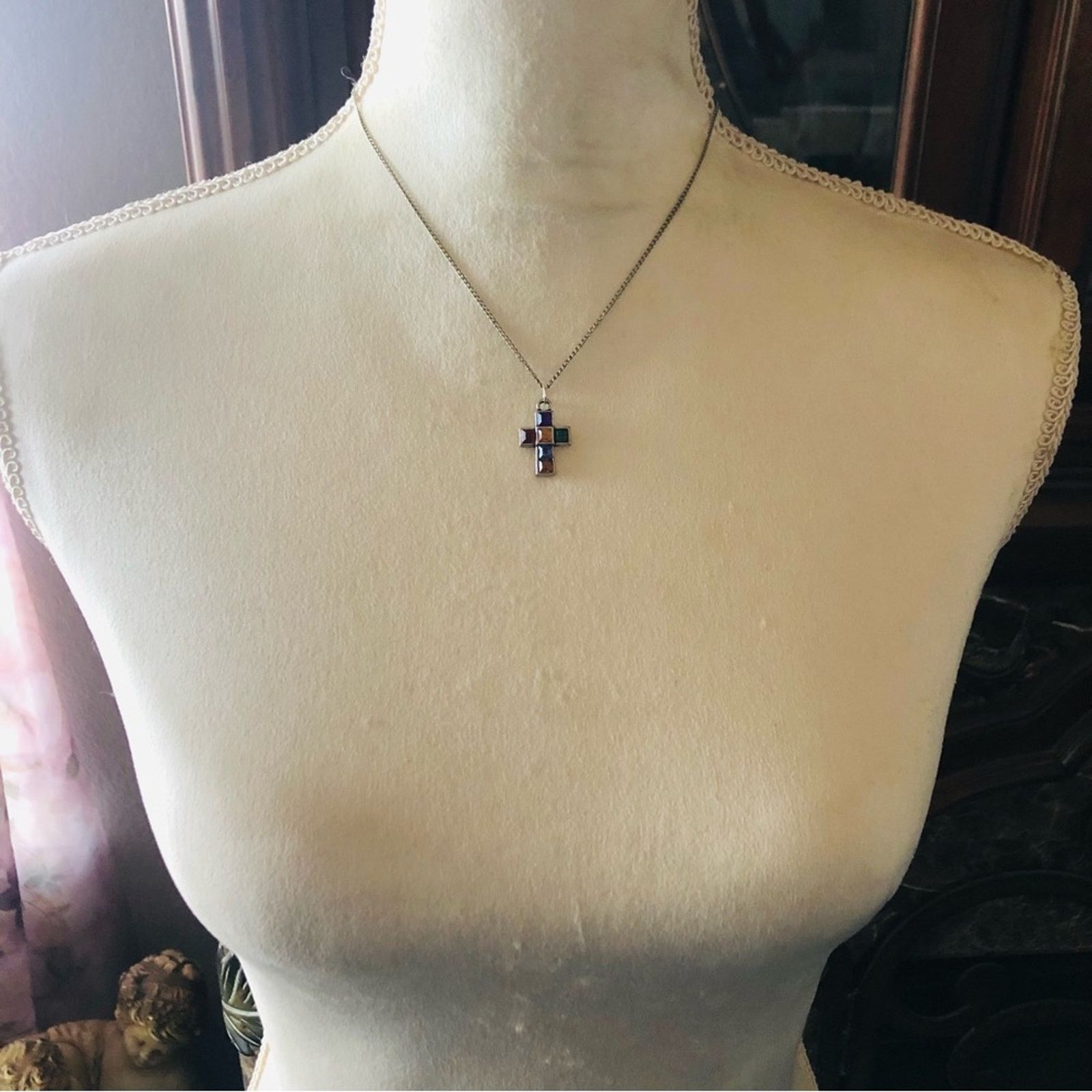 Vintage Vintage multi tone square shape gem cross on chain necklace Size ONE SIZE - 5 Thumbnail