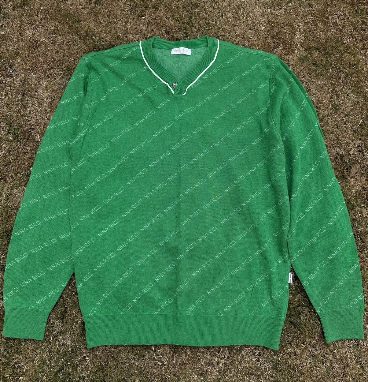 Nina Ricci RARE Vintage Nina Ricci Monogram Green V-Neck Sweater Size M / US 6-8 / IT 42-44 - 1 Thumbnail