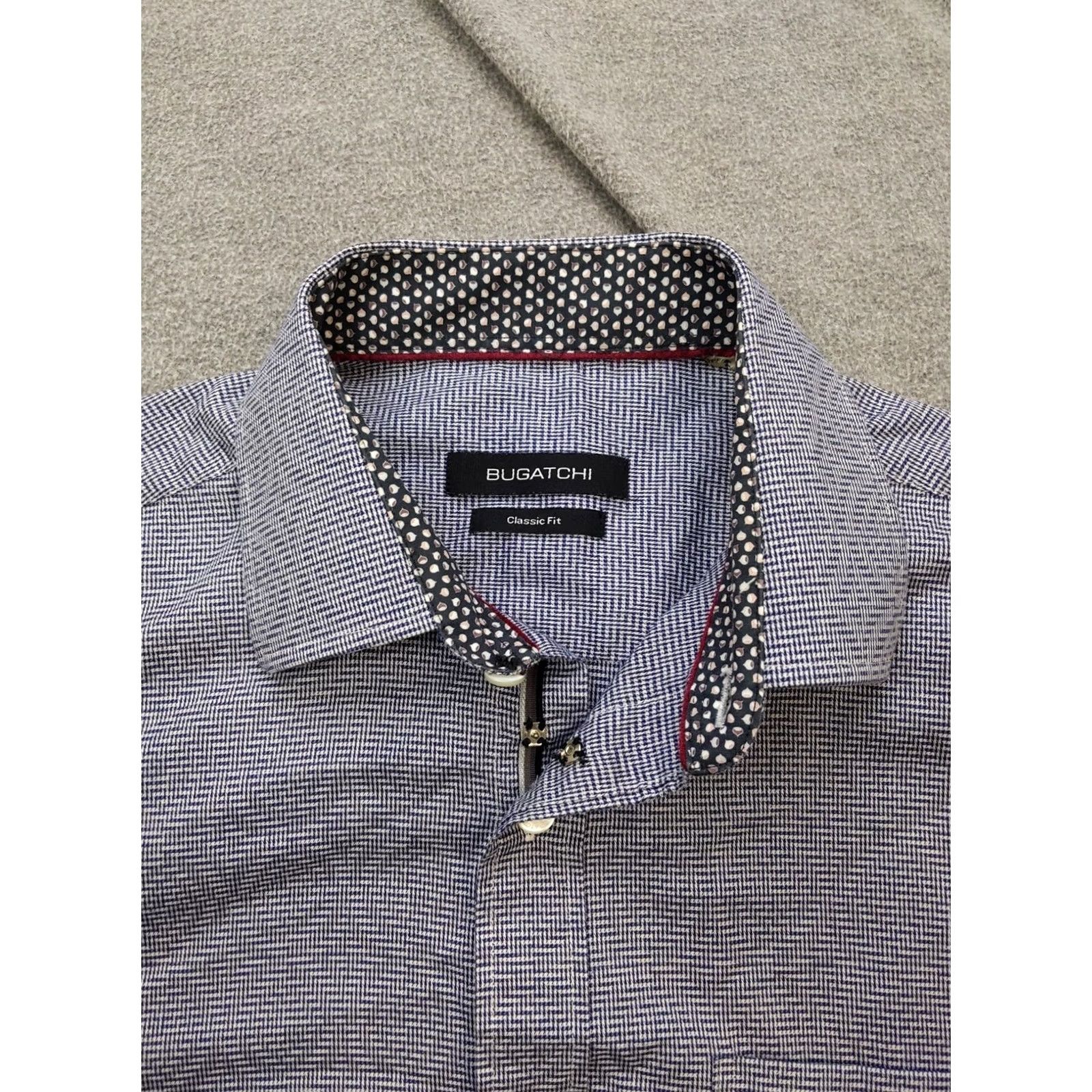 BUGATCHI BUGATCHI Shirt Mens S 14.5 Blue Herringbone Long Sleeve Button Up Contrast Trim Size US M / EU 48-50 / 2 - 4 Thumbnail