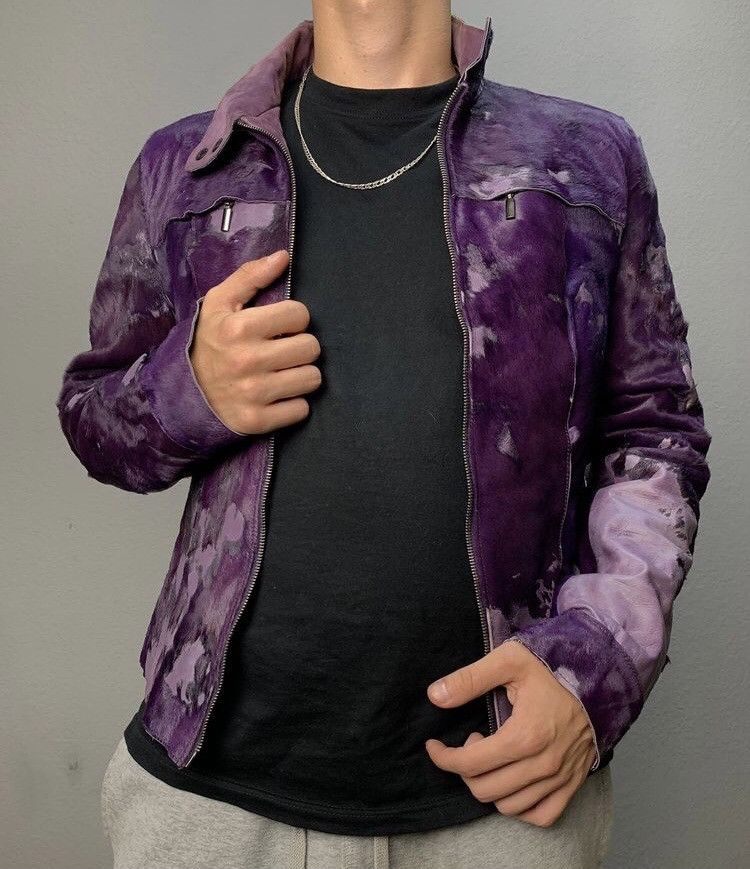 image of Avant Garde x Hype Vintage Y2K Crazy Vintage Leather Cow Jacket Cropped 90's in Purple (Size XS)