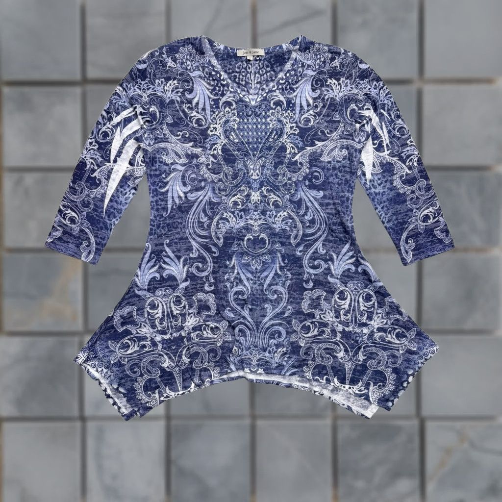 Vintage Jess & Jane Tunic Shirt Womens Small Blue Paisley V Neck 3/4 Sleeve Top Size S / US 4 / IT 40 - 1 Thumbnail