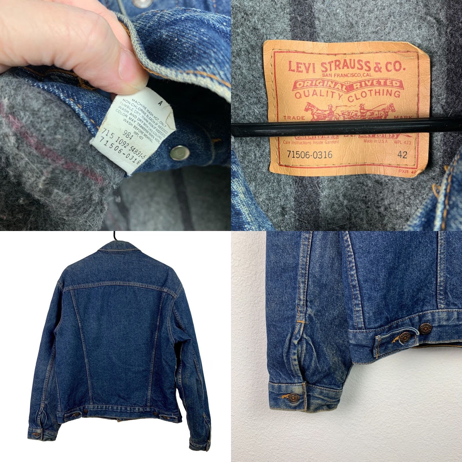 Levi's VINTAGE Levi's 715 Button Stamp Blanket Lined 71506-0316 Trucker Jacket 42 Blue Denim Rockabilly 1990s Mens/Adults Size US XS / EU 42 / 0 - 8 Thumbnail