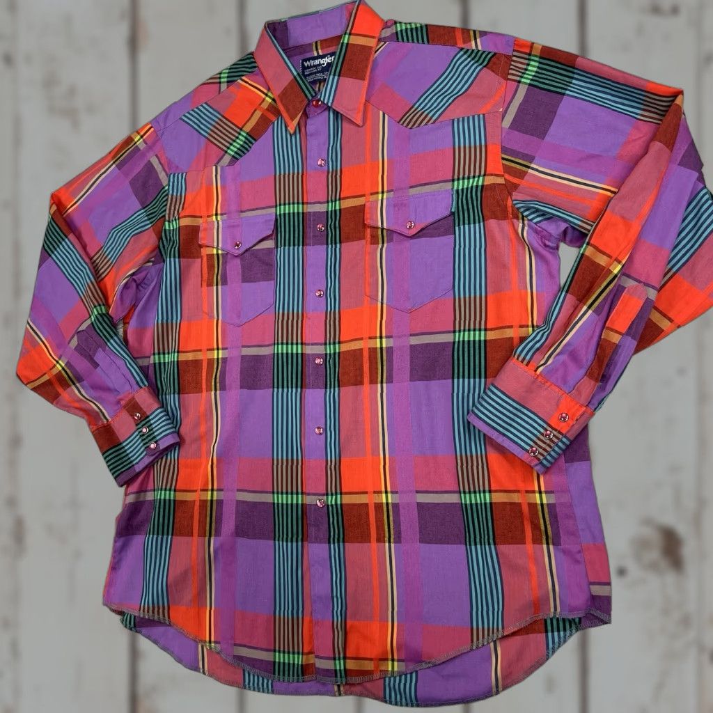 Wrangler VINTAGE Wrangler Shirt 17.5 - 35 Purple Red Plaid Pearl Snaps Western Cowboy Rodeo USA Shirt Size US XXL / EU 58 / 5 - 1 Thumbnail