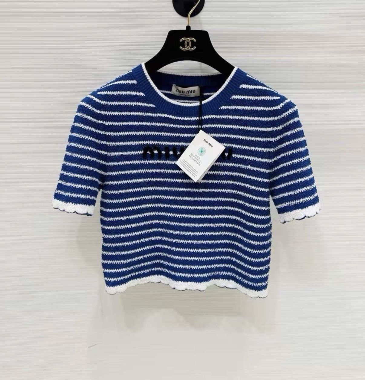 Miu Miu Miu Miu Striped Scalloped Edge Short Sleeve Knit Top J33 Size XS / US 0-2 / IT 36-38 - 1 Thumbnail