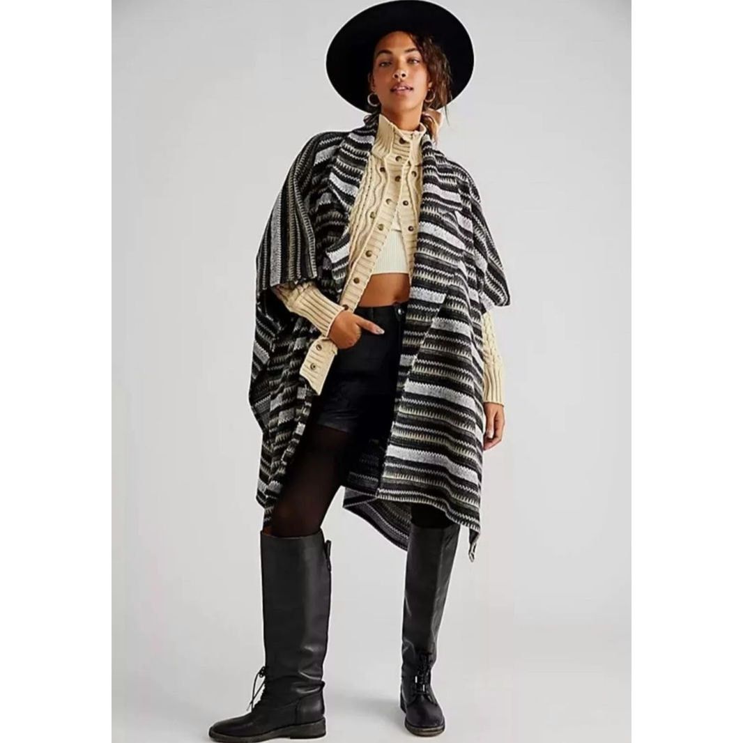 Free People New FREE PEOPLE X Jackson Stripe Oversized Poncho $148 OS Size ONE SIZE - 2 Thumbnail