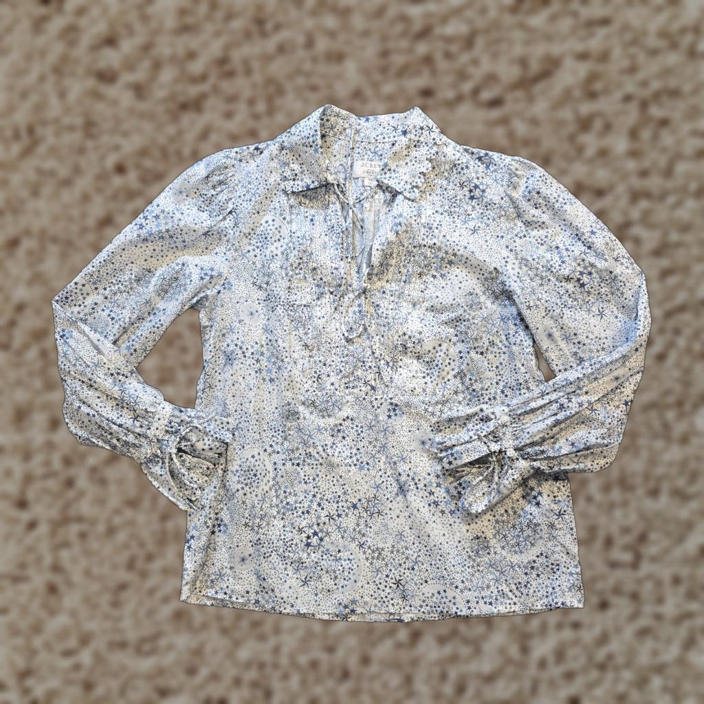 J.Crew J.CREW Blouse Womens XS White Blue Liberty Fabric Stars Art Tie Closure Casual Shirt Size XS / US 0-2 / IT 36-38 - 1 Thumbnail