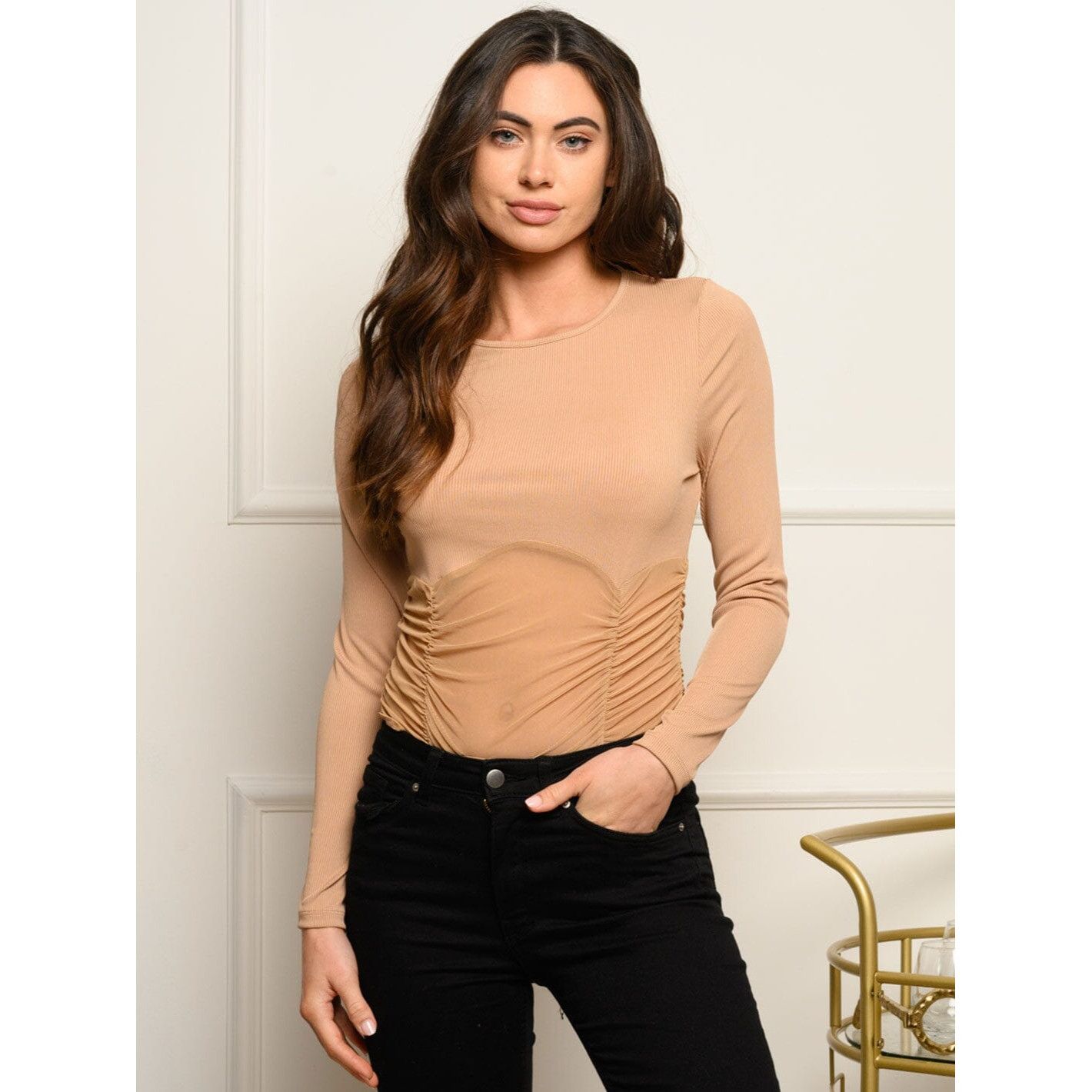 Other Women’s Long Sleeve Ruched Mesh BODYSUIT Beige Size Large Size L / US 10 / IT 46 - 1 Thumbnail
