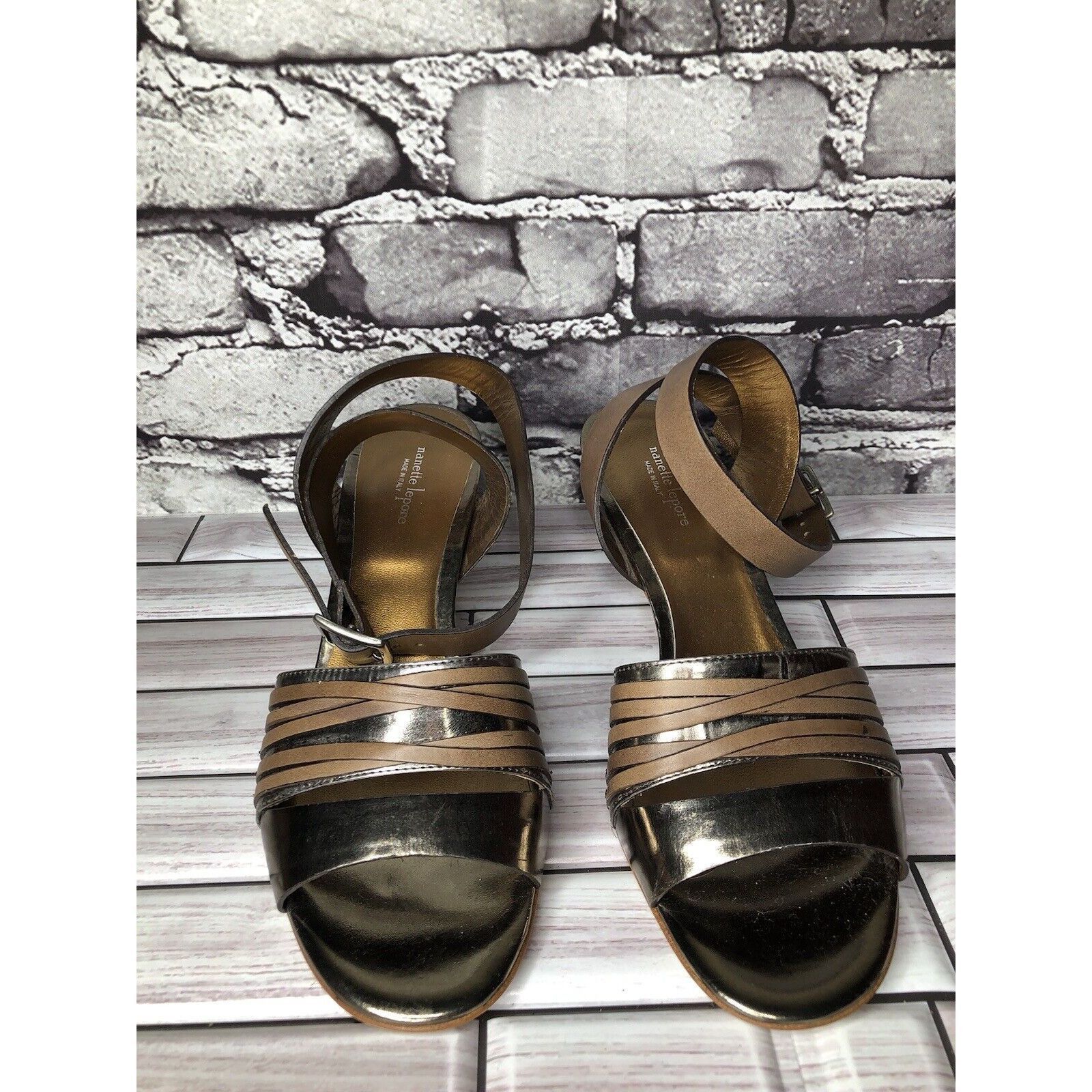 Other Nanette Lepore Silver Patent Brown Leather Ankle Straps Heel Size US 7.5 / IT 37.5 - 2 Thumbnail