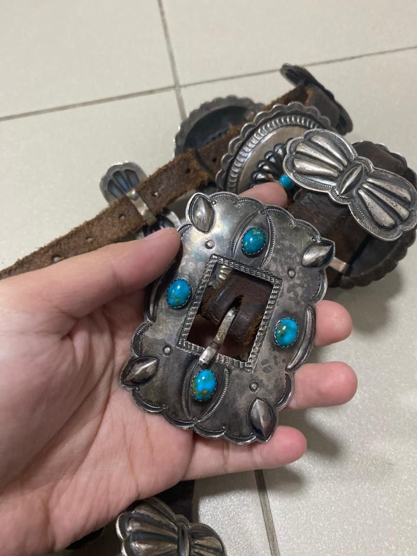 Sterling Silver Signed H Morgan Navajo Sterling ,Turquoise Concho Belt Size ONE SIZE - 7 Thumbnail