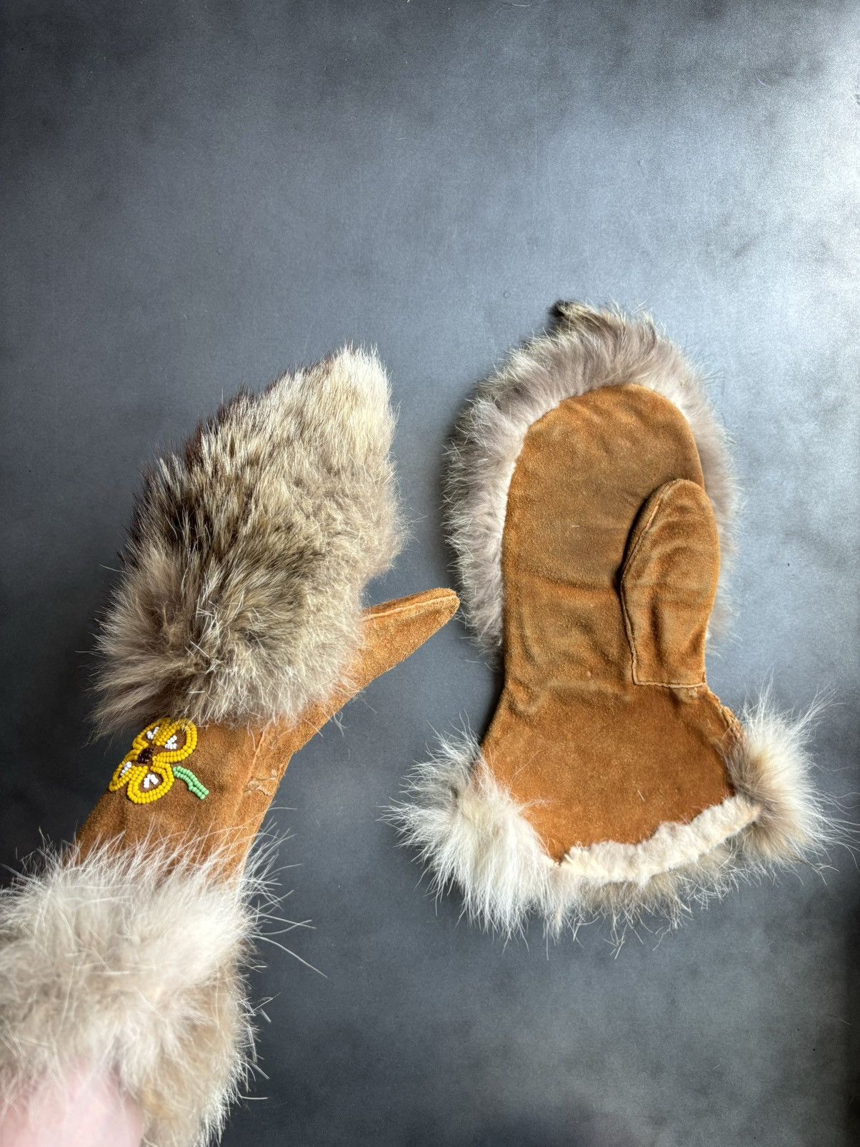 Native × Vintage Vintage Fur Mittens Beaded Gauntlets Indigenous American USA Size ONE SIZE - 1 Thumbnail
