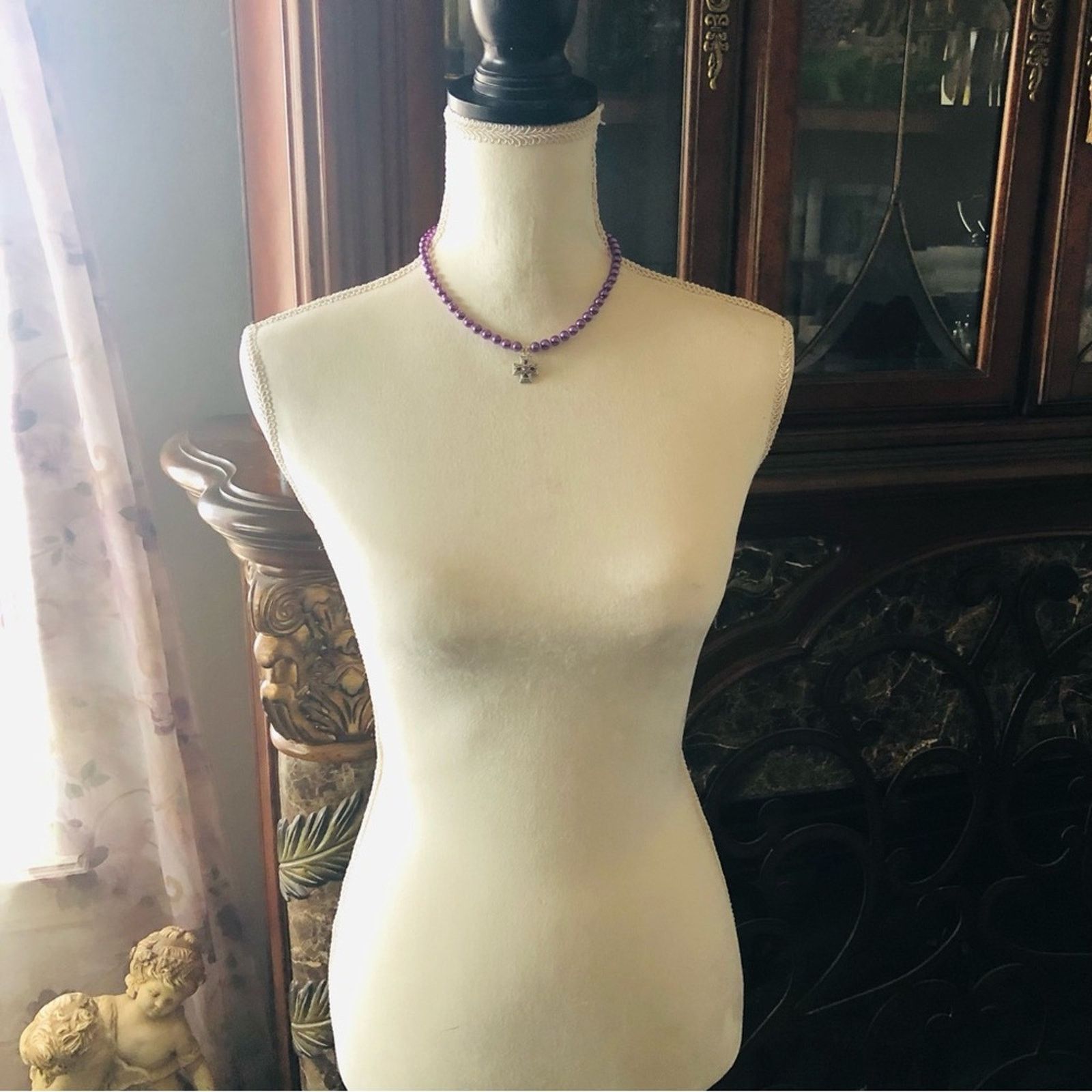 Handmade Handcrafted repurpose Maltese cross pendant Pearl necklace Size ONE SIZE - 6 Thumbnail