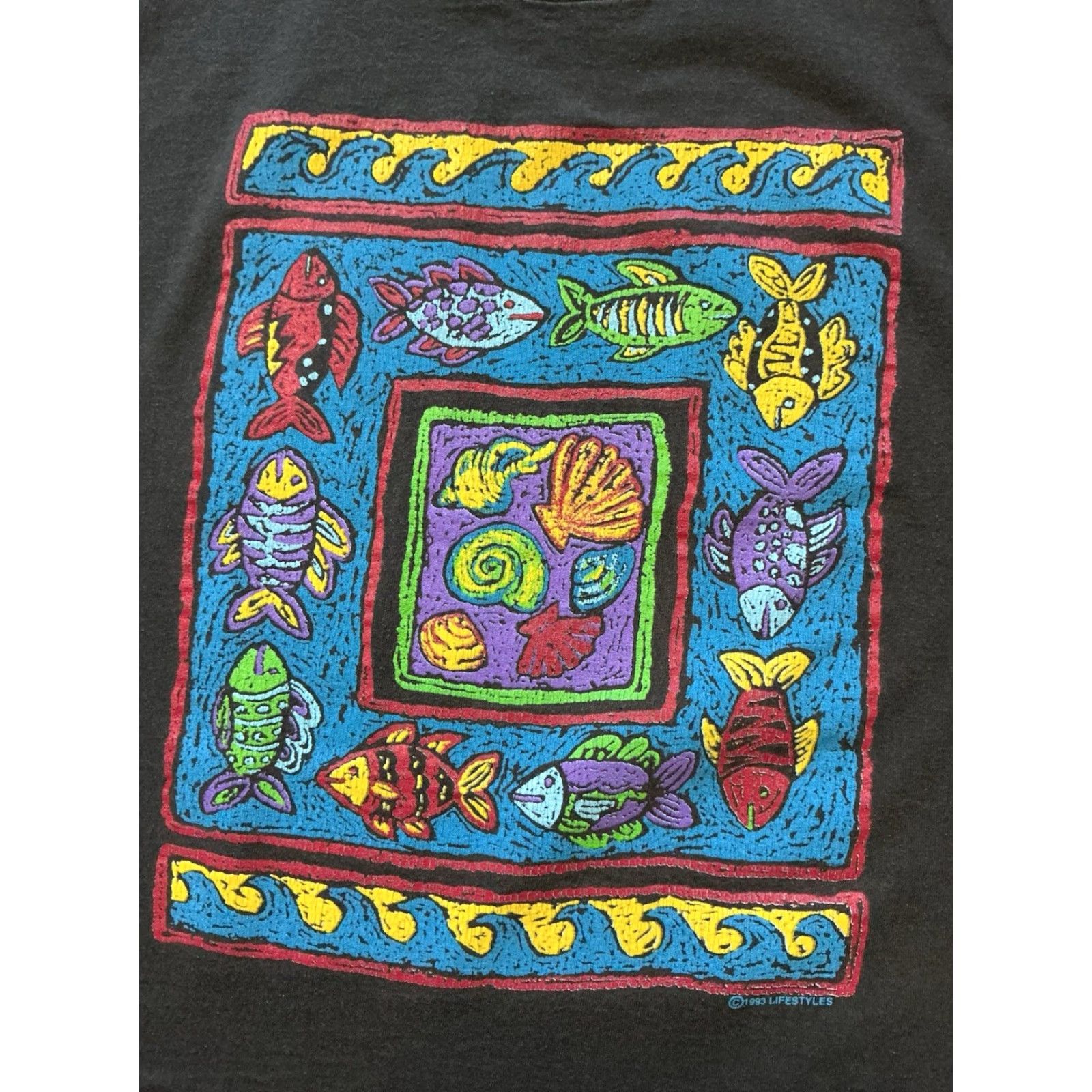 Anvil VINTAGE 1990s Lifestyles Fish Seashells Sea Ocean Nature Graphic Black T-Shirt LG Mens Size US L / EU 52-54 / 3 - 5 Thumbnail