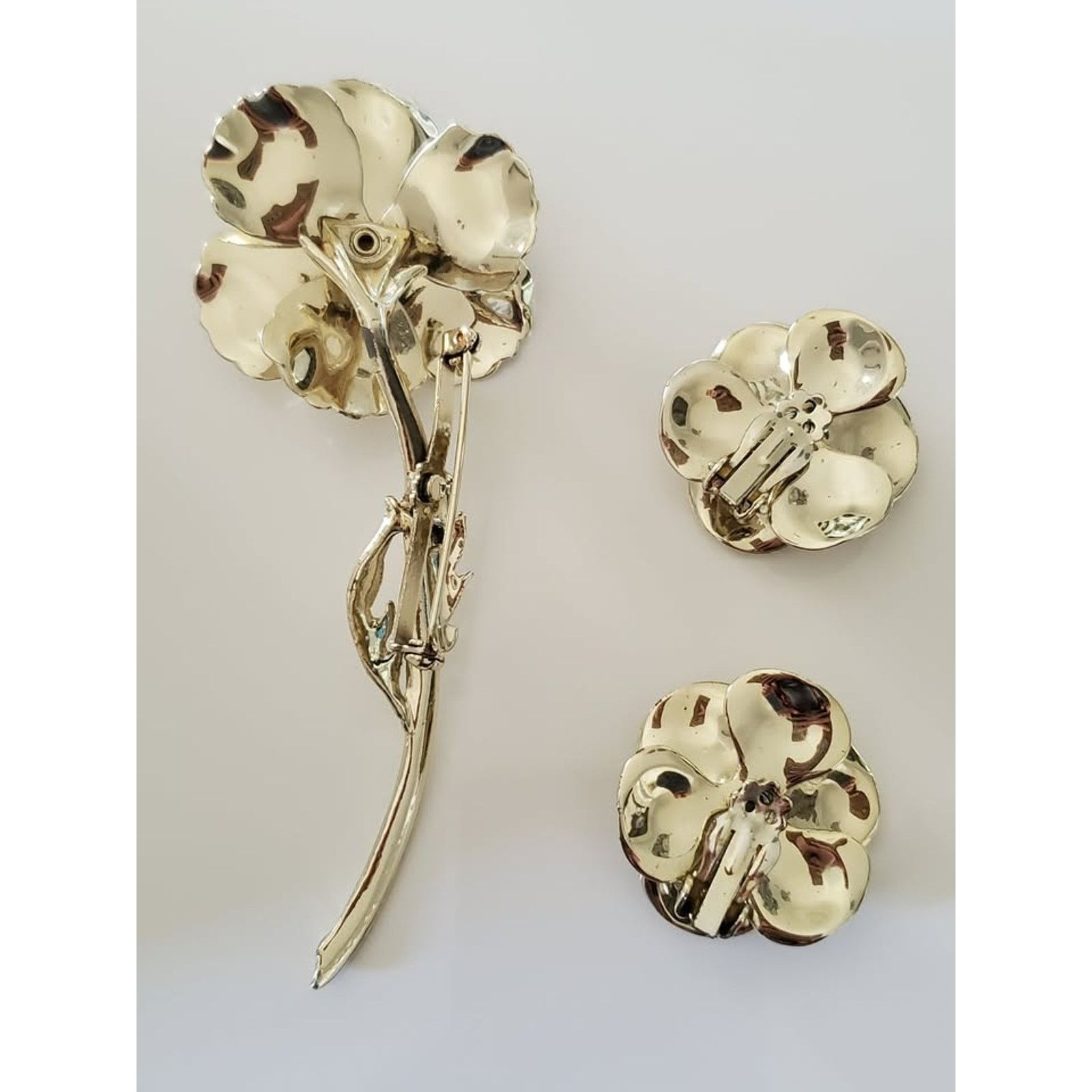Other Vintage Gold tone Flower AB Crystals Earrings & Brooch Set Size ONE SIZE - 4 Thumbnail