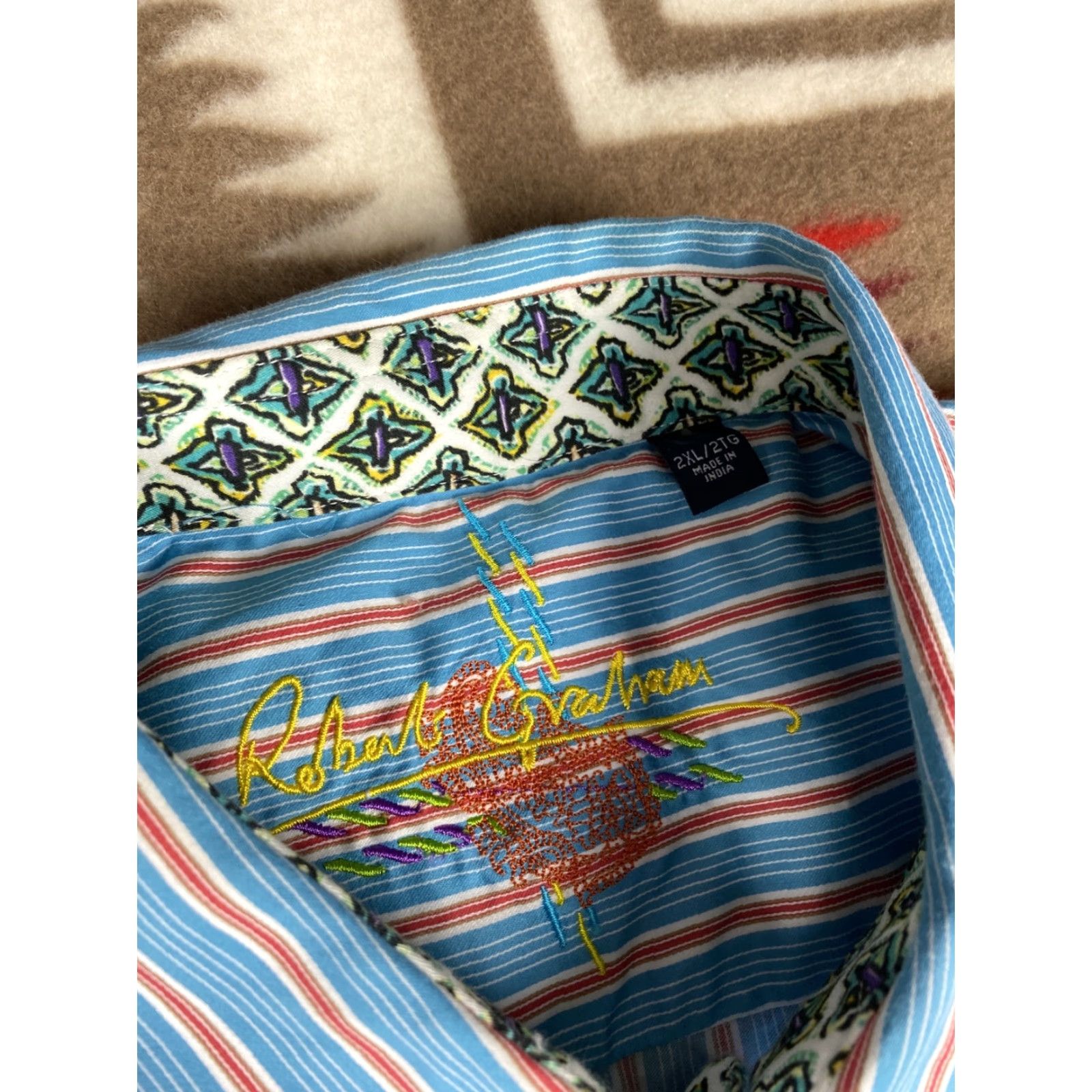 Robert Graham Robert Graham Mens Dress Shirt Long Sleeve Sz 2XL Aqua Orange Stripes Cuffs Size 48R - 4 Thumbnail