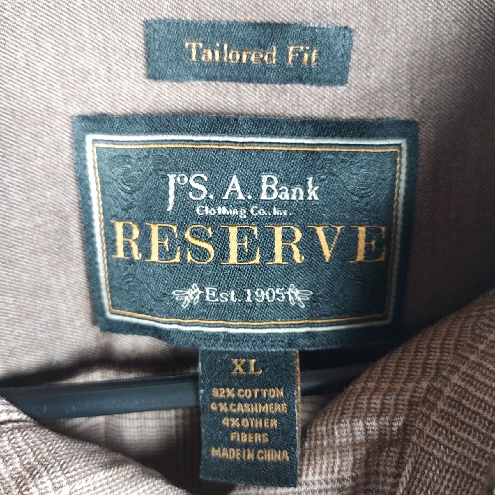 Jos. A. Bank Jos A Bank Reserve Mens XL Brown Plaid Tailored Fit Cotton Cashmere Shirt Size US XL / EU 56 / 4 - 4 Thumbnail