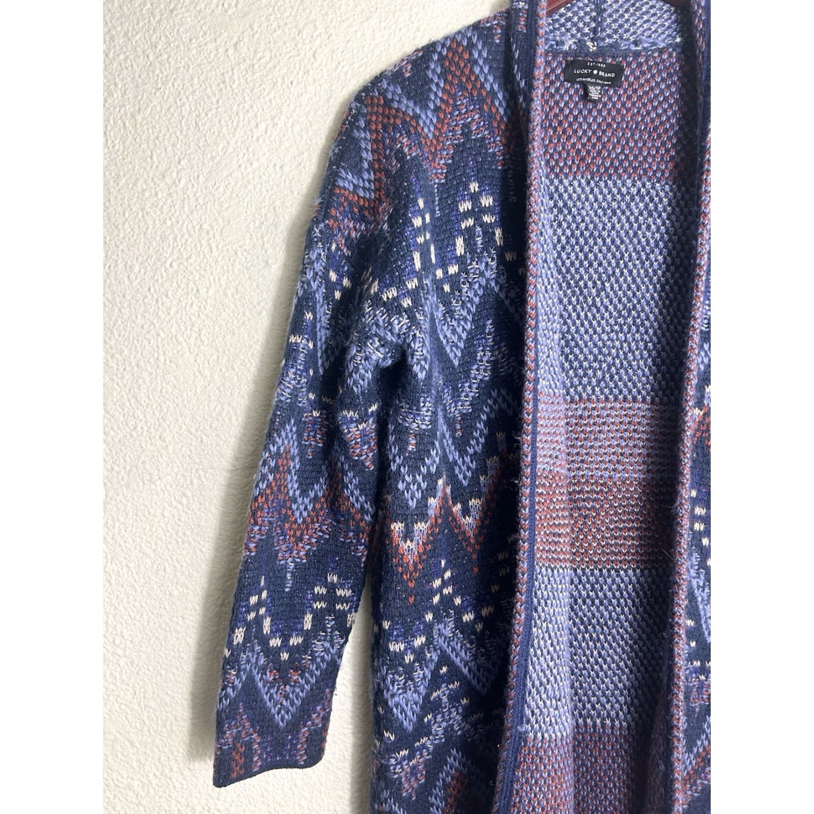 Lucky Brand VINTAGE Lucky Brand Cardigan Women XS Wool Blend Blue Red Southwest Open Front 3/4 Sleeve Knit Sweater Size XS / US 0-2 / IT 36-38 - 2 Thumbnail