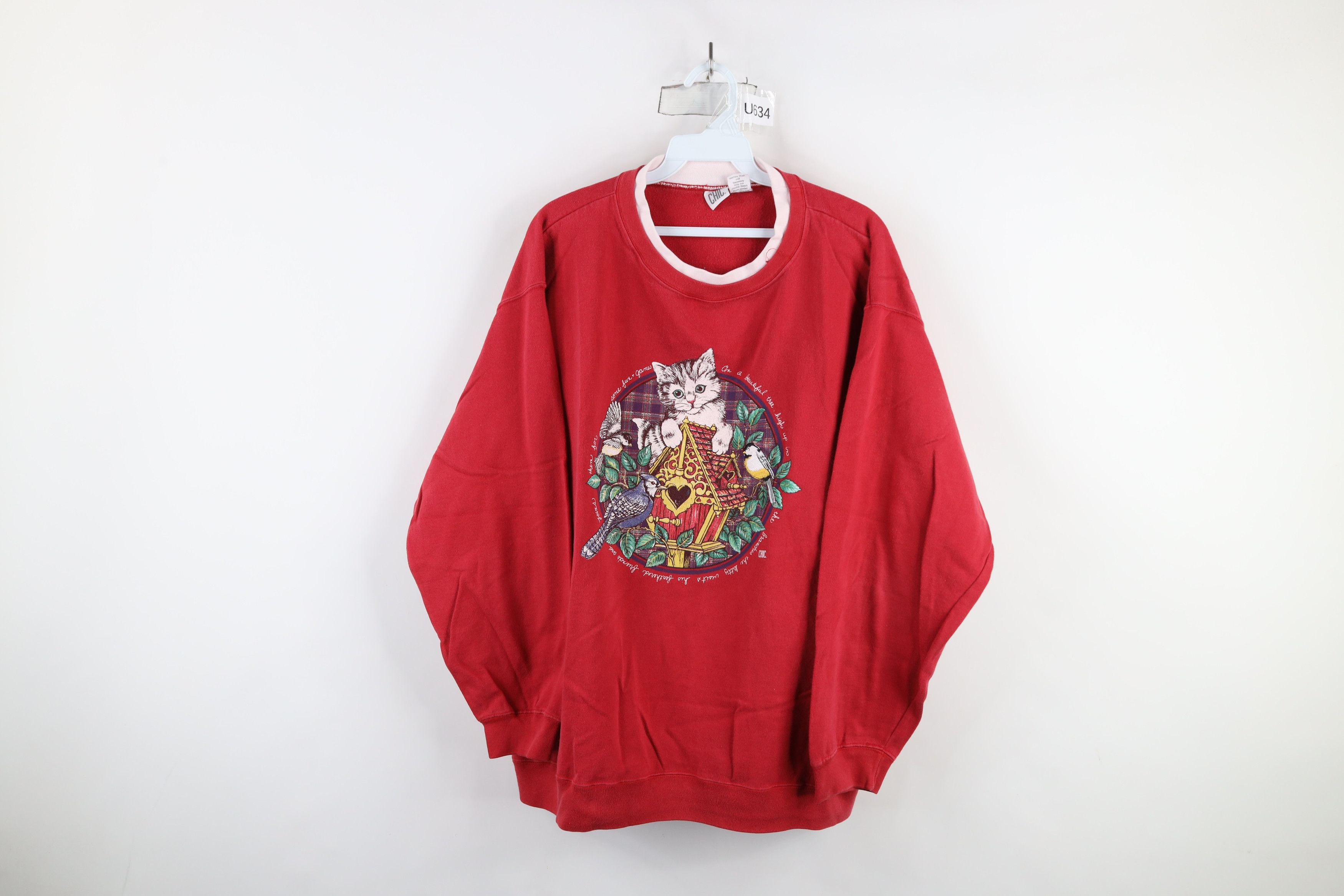 Vintage Vintage 90s Streetwear Kitten Bird Layered Sweatshirt Red Size 3XL / US 20-22 - 1 Thumbnail
