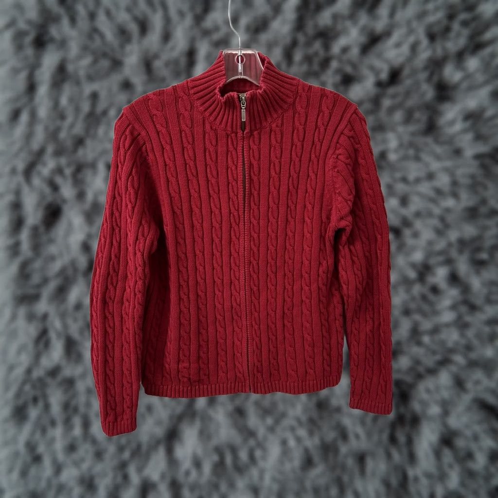 Vintage LL Bean Sweater Cardigan Womens Size M Red Full Zip Cable Knit Mock Neck Long Sleeve 0FBH1 Size M / US 6-8 / IT 42-44 - 1 Thumbnail
