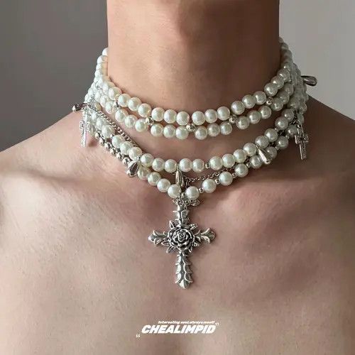 Jewelry White Pearl Cross Charm Layered Necklace, Gothic Jewelry Size ONE SIZE - 5 Thumbnail