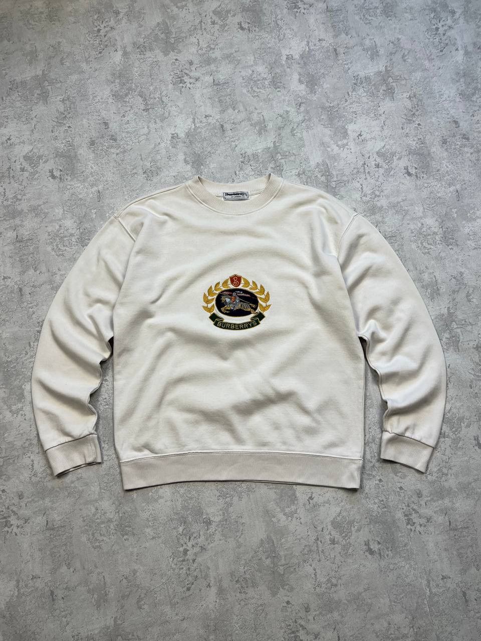image of Vintage Burberrys Big Center Logo Crew Neck Sweatshirt in White, Men's (Size Large)