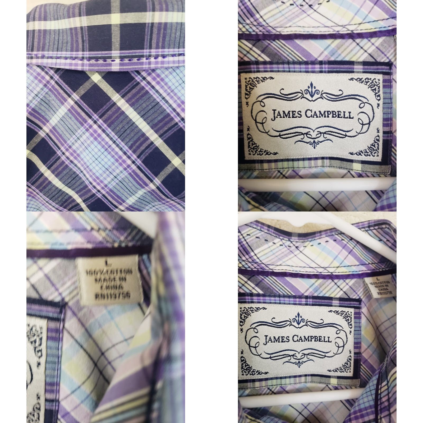 Vintage James Campbell Men's L Button-Down Shirt Blue Purple Plaid Short Sleeve Casual Workwear Travel Party/Cocktail Size US L / EU 52-54 / 3 - 9 Thumbnail