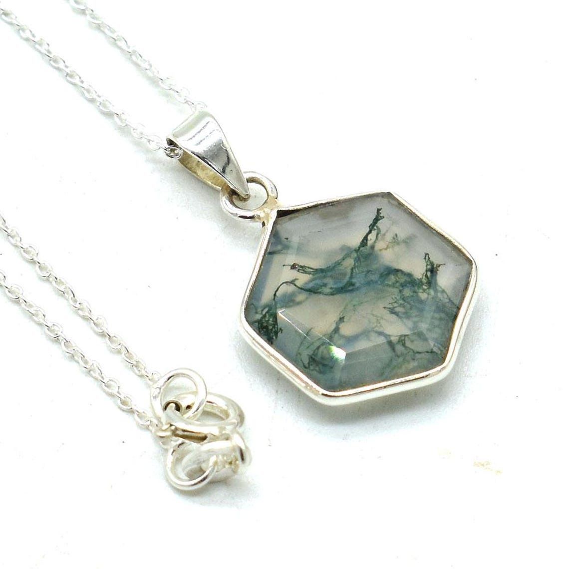 Handmade Natural Moss Agate 925 Sterling Silver Pendant Necklace Size ONE SIZE - 5 Thumbnail
