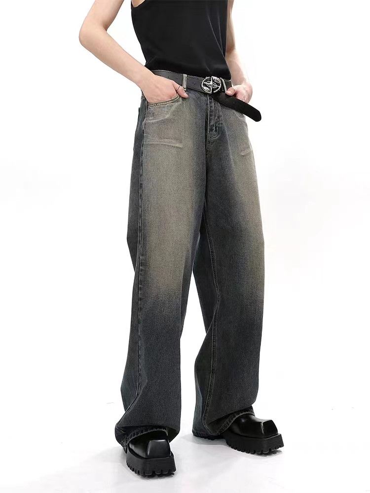 Street Vintage Washed Distressed Straight Jeans