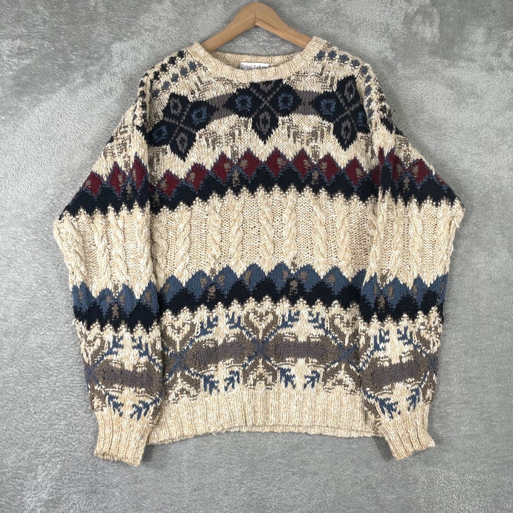 Coogi Great Lakes Recreation Mens Medium Beige 3D Knit Fair Isle Coogi Style Pullover - Vintage Cable Sweater Size US M / EU 48-50 / 2 - 2 Thumbnail