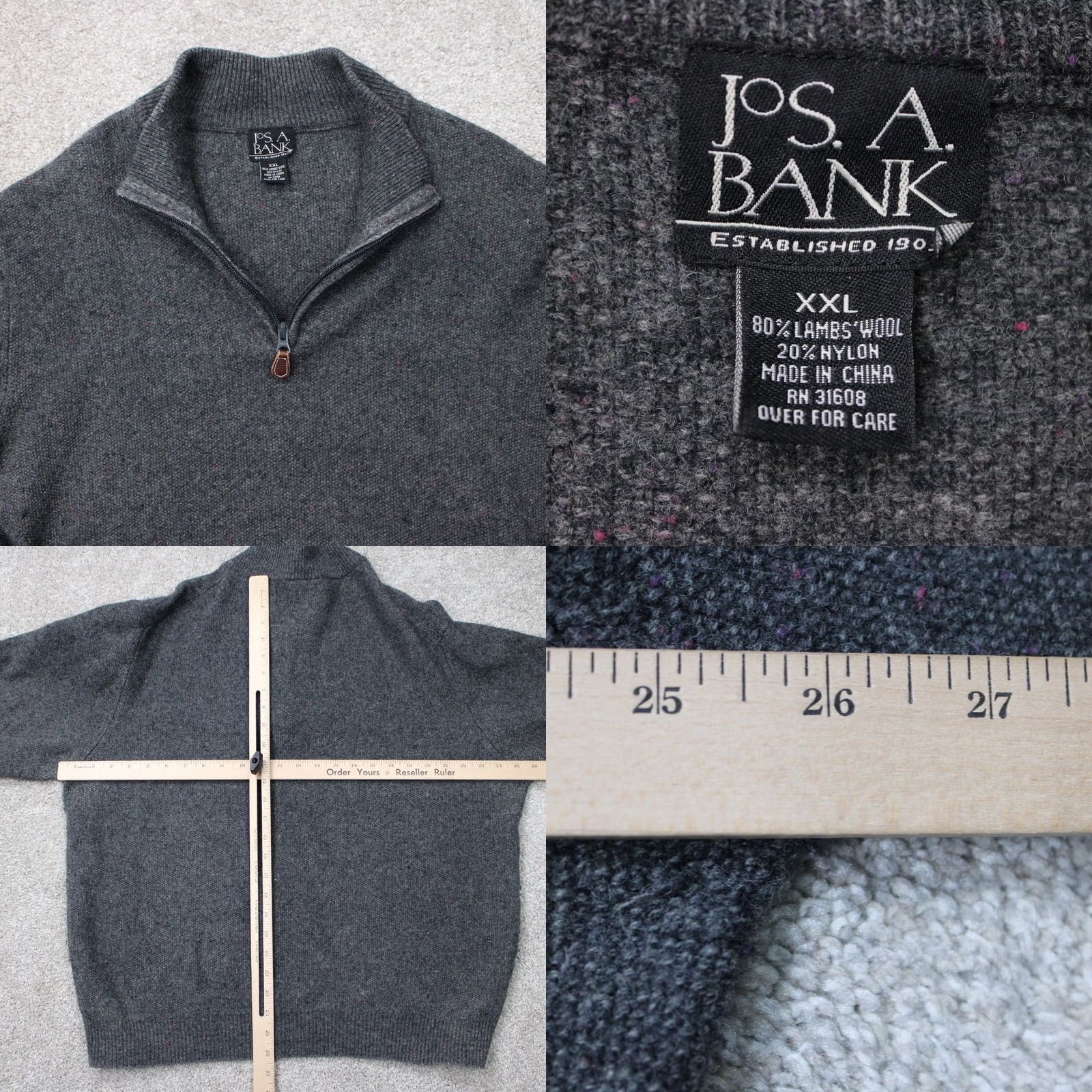Jos. A. Bank Jos. A. Bank Sweater Mens 2XL Gray 1/4 Zip Mock Neck Lambswool/Nylon Blend Pullover Knit" Size US XXL / EU 58 / 5 - 8 Thumbnail