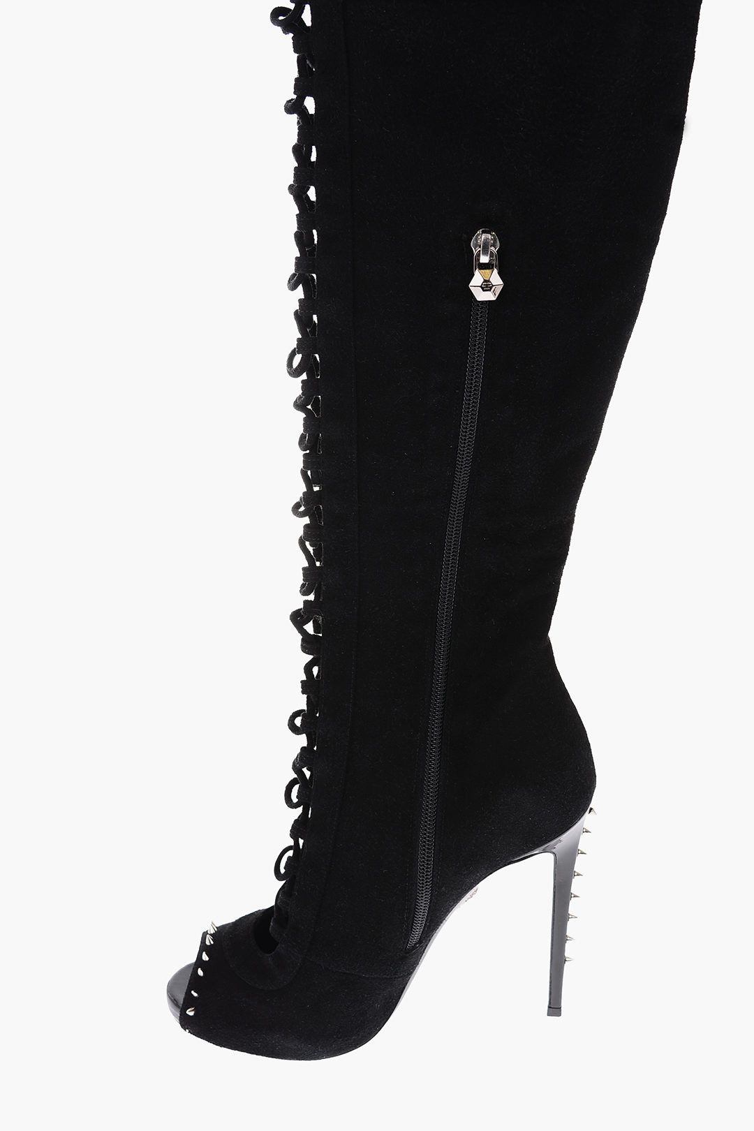 Philipp Plein og1mm0824 Leather Roses Show Peep Toe Lace-Up Boots in Black Size US 8 / IT 38 - 3 Thumbnail