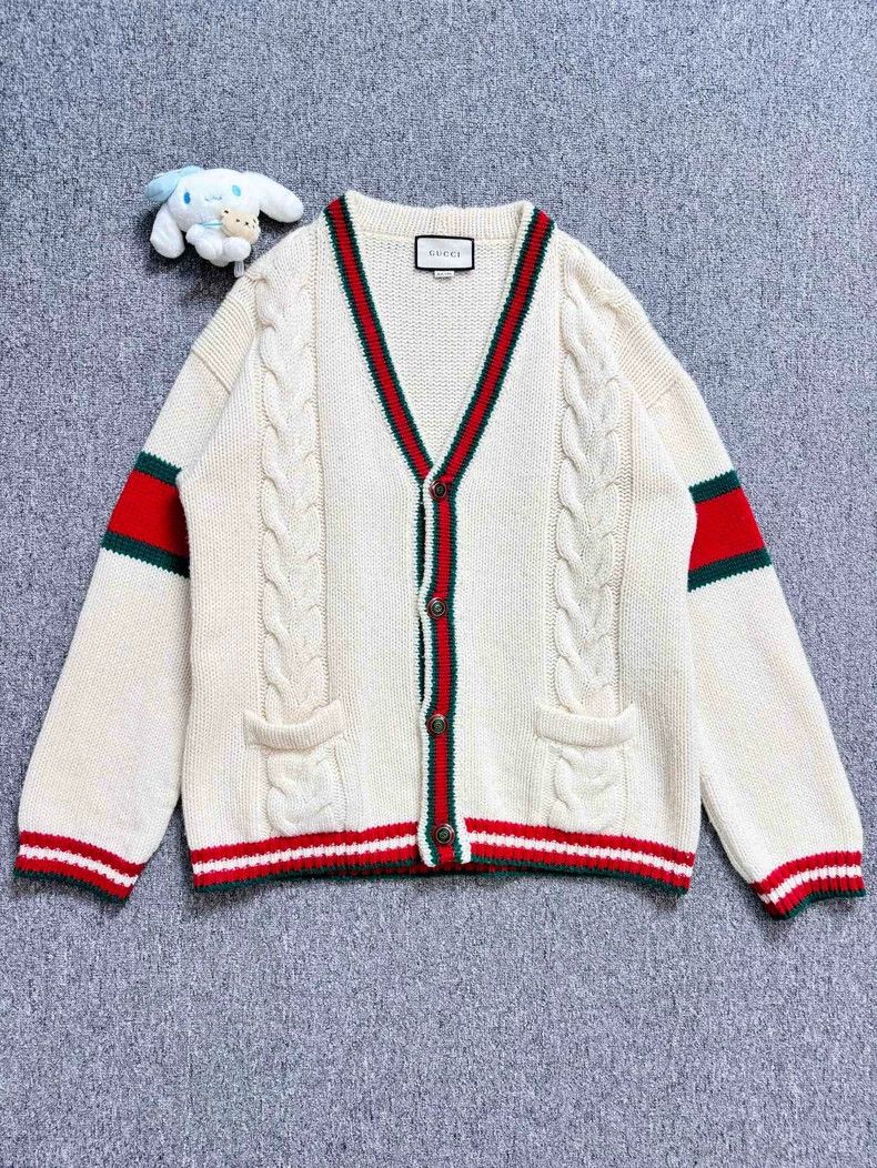 Gucci GucciWhite red and green webbing knitted cardigan jacket 25 Size US XL / EU 56 / 4 - 1 Thumbnail