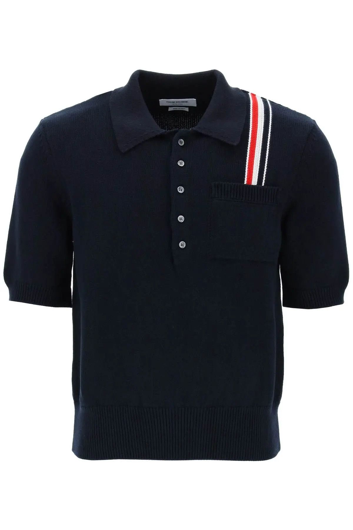 image of Thom Browne O1S22I1N0324 Rwb Stripe Cotton Knit Polo Shirt In Blue, Men's (Size XL)