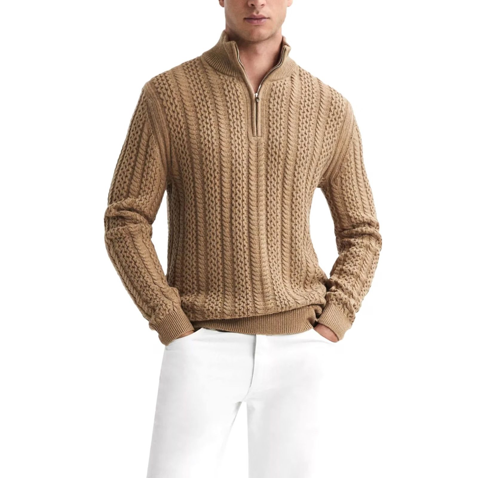 Reiss Reiss Bantham Half Zip Cable Knit Sweater S Mens Camel Pullover Knit Wool Wool Blend Wool 2020s Size US S / EU 44-46 / 1 - 2 Thumbnail
